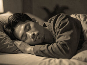 ベッドで眠る若い男性