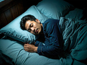 ベッドで眠る若い男性