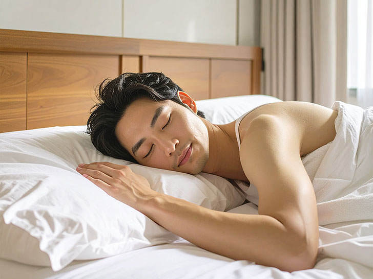 ベッドで眠る若い男性