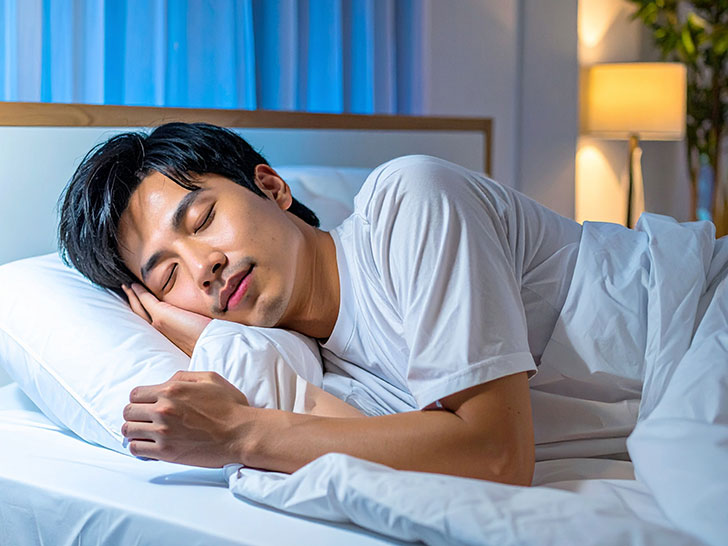 ベッドで眠る若い男性