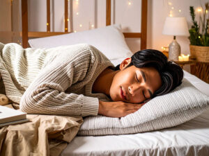 ベッドで眠る若い男性