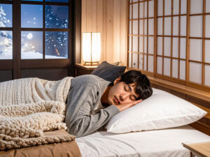 ベッドで眠る若い男性