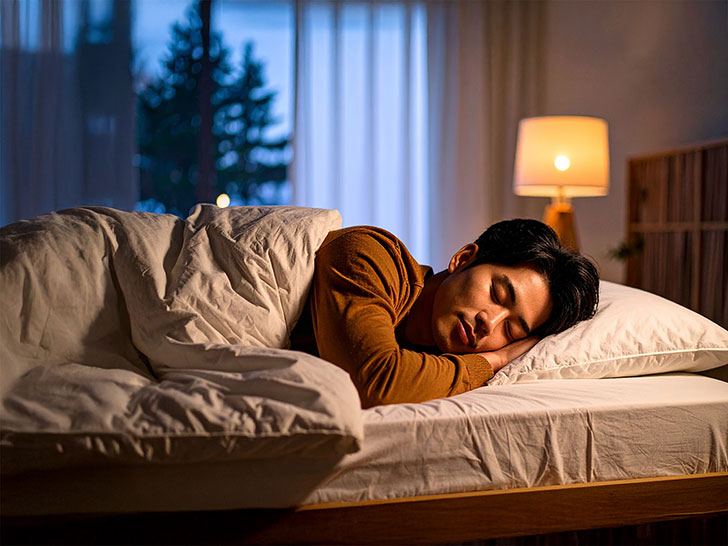 ベッドで眠る若い男性