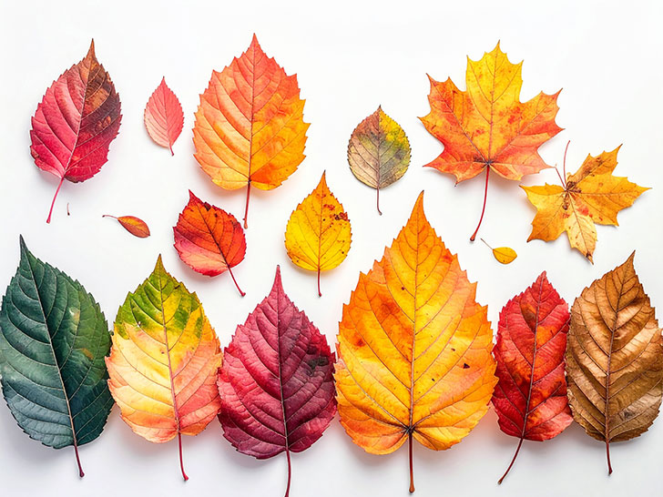 白い背景に置かれた色とりどりの落ち葉