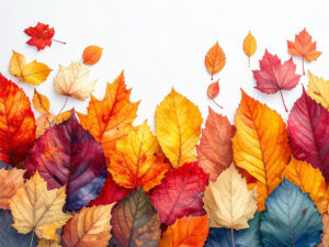 白い背景に置かれた色とりどりの落ち葉