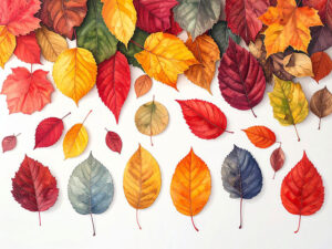 白い背景に置かれた色とりどりの落ち葉
