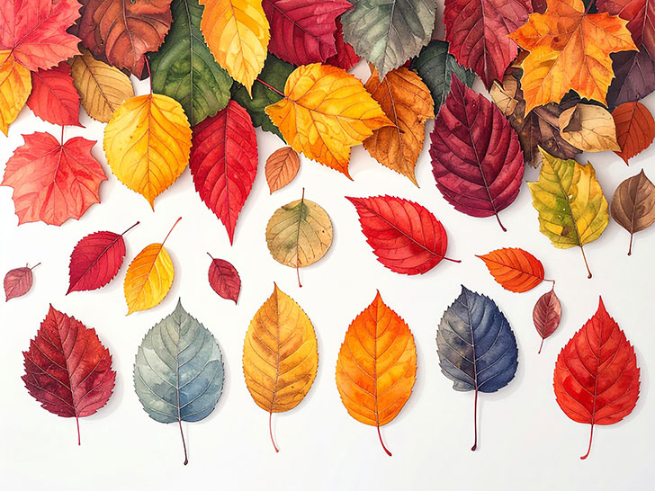 白い背景に置かれた色とりどりの落ち葉