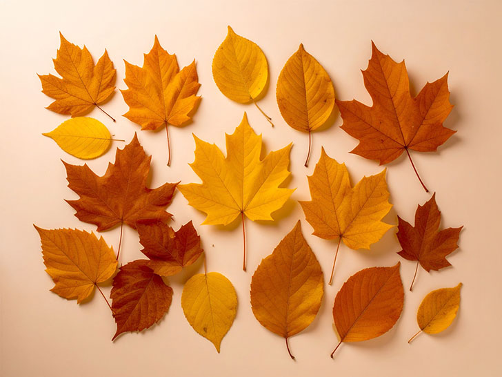 白い背景に置かれた色とりどりの落ち葉