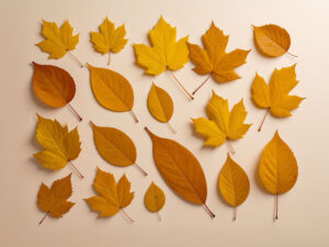 白い背景に置かれた色とりどりの落ち葉