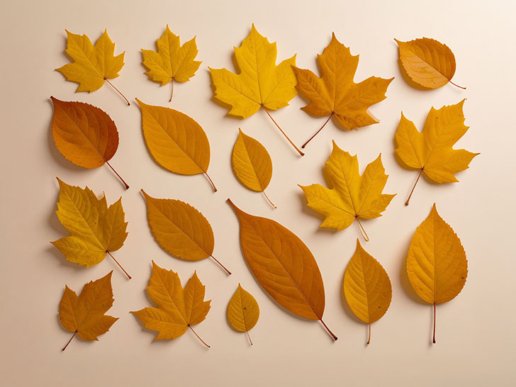 白い背景に置かれた色とりどりの落ち葉