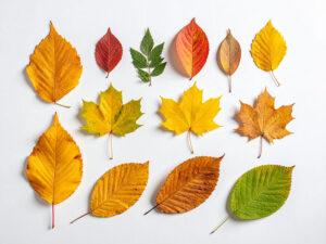 白い背景に置かれた色とりどりの落ち葉