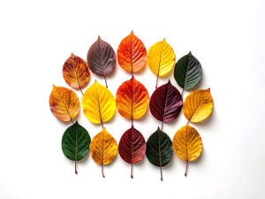 白い背景に置かれた色とりどりの落ち葉