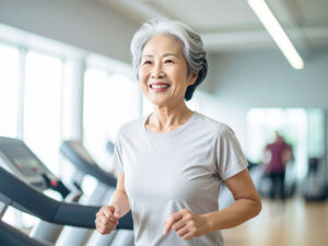 ジムのウォーキングマシンで歩くシニア女性