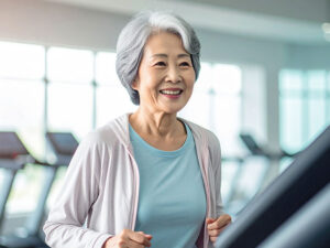 ジムのウォーキングマシンで歩くシニア女性
