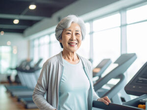 ジムのウォーキングマシンで歩くシニア女性