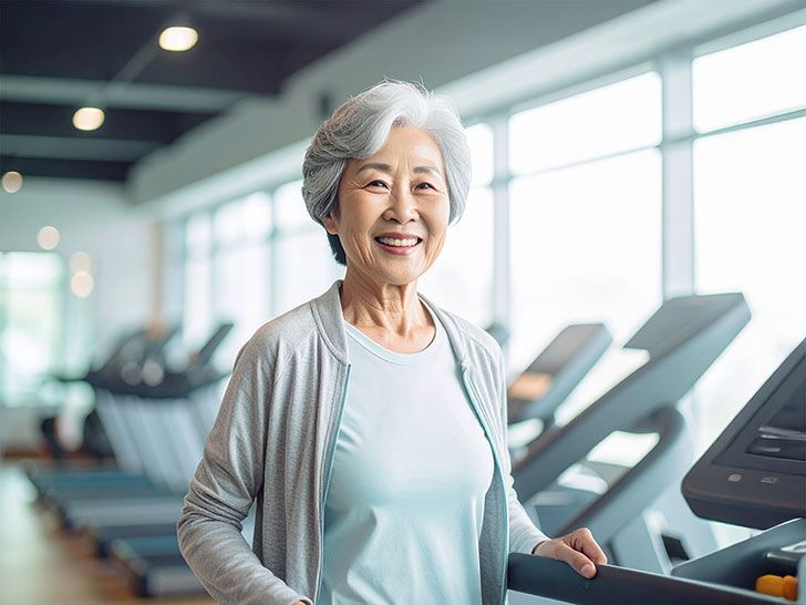 ジムのウォーキングマシンで歩くシニア女性