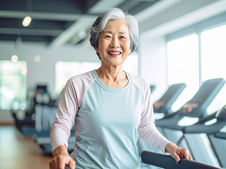 ジムのウォーキングマシンで歩くシニア女性