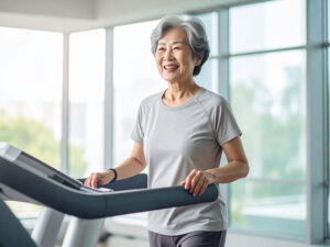 ジムのウォーキングマシンで歩くシニア女性