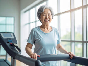 ジムのウォーキングマシンで歩くシニア女性