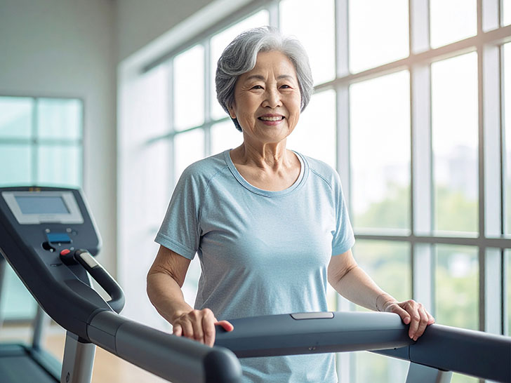 ジムのウォーキングマシンで歩くシニア女性