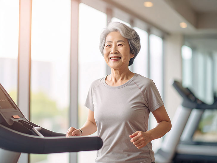 ジムのウォーキングマシンで歩くシニア女性
