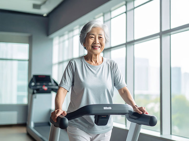ジムのウォーキングマシンで歩くシニア女性