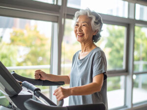 ジムのウォーキングマシンで歩くシニア女性