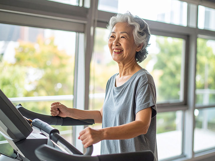ジムのウォーキングマシンで歩くシニア女性