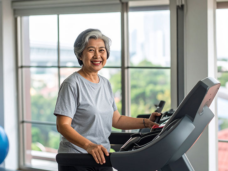 ジムのウォーキングマシンで歩くシニア女性