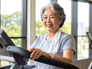 ジムのウォーキングマシンで歩くシニア女性