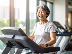 ジムのウォーキングマシンで歩くシニア女性