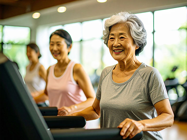 ジムのウォーキングマシンで歩くシニア女性