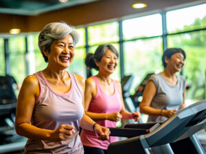 ジムのウォーキングマシンで歩くシニア女性