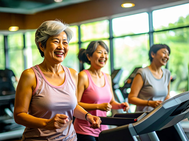 ジムのウォーキングマシンで歩くシニア女性