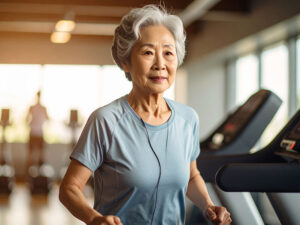 ジムのウォーキングマシンで歩くシニア女性
