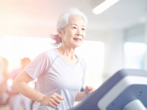 ジムのウォーキングマシンで歩くシニア女性