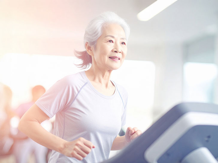 ジムのウォーキングマシンで歩くシニア女性