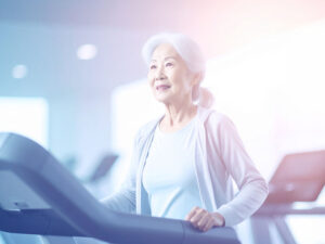 ジムのウォーキングマシンで歩くシニア女性