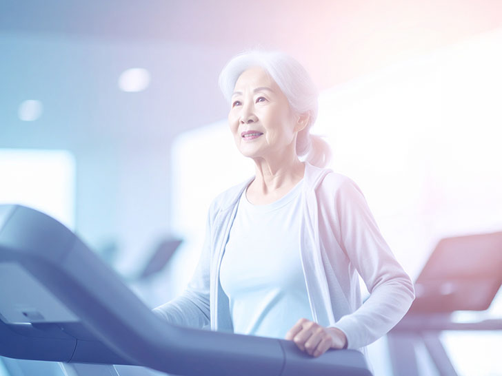 ジムのウォーキングマシンで歩くシニア女性