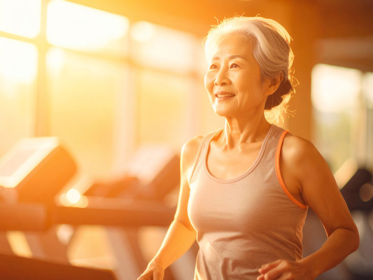 ジムのウォーキングマシンで歩くシニア女性