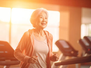 ジムのウォーキングマシンで歩くシニア女性