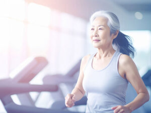 ジムのウォーキングマシンで歩くシニア女性