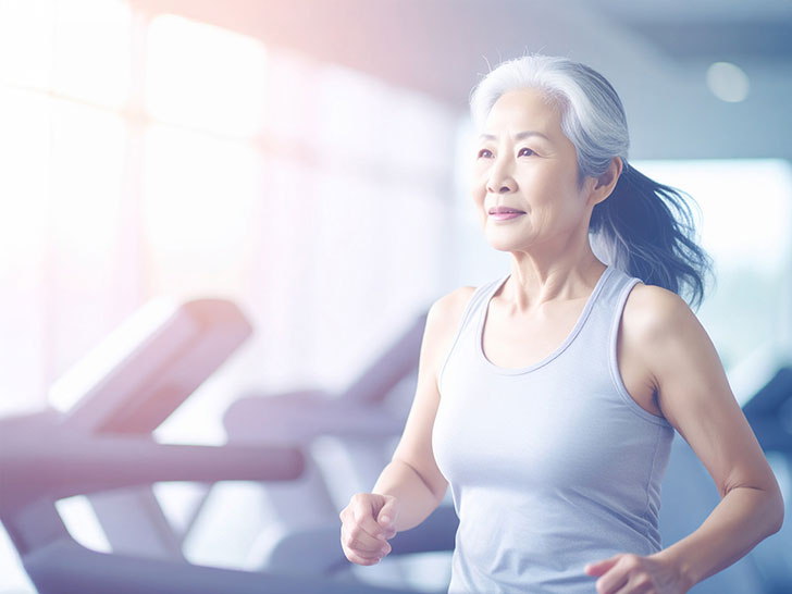 ジムのウォーキングマシンで歩くシニア女性