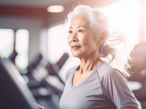 ジムのウォーキングマシンで歩くシニア女性