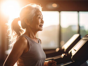 ジムのウォーキングマシンで歩くシニア女性