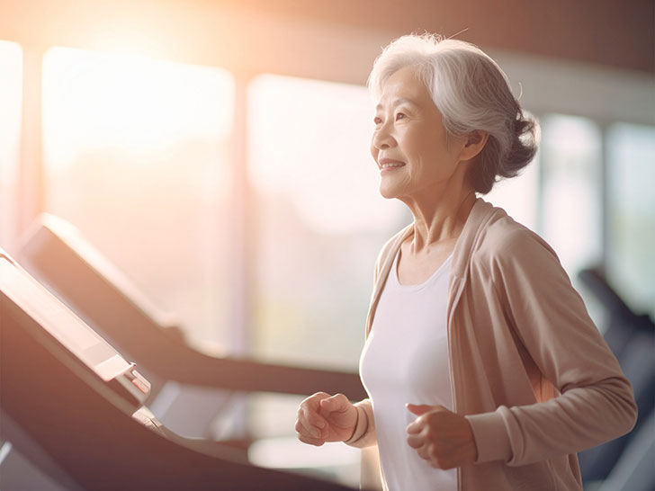 ジムのウォーキングマシンで歩くシニア女性