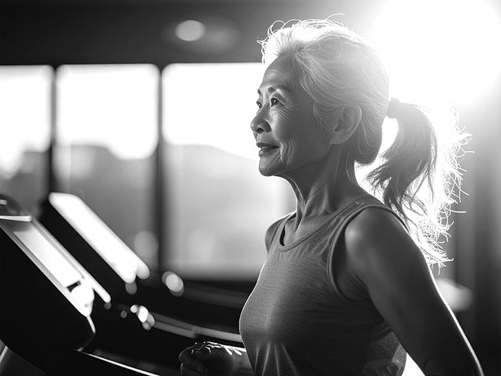 ジムのウォーキングマシンで歩くシニア女性