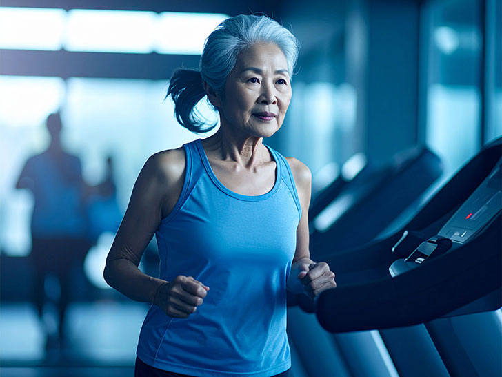 ジムのウォーキングマシンで歩くシニア女性