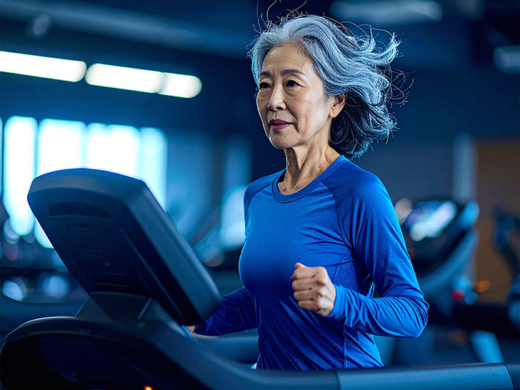 ジムのウォーキングマシンで歩くシニア女性