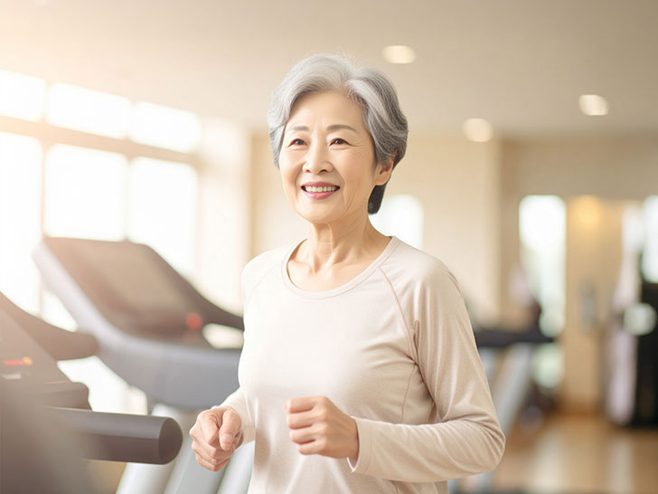 ジムのウォーキングマシンで歩くシニア女性